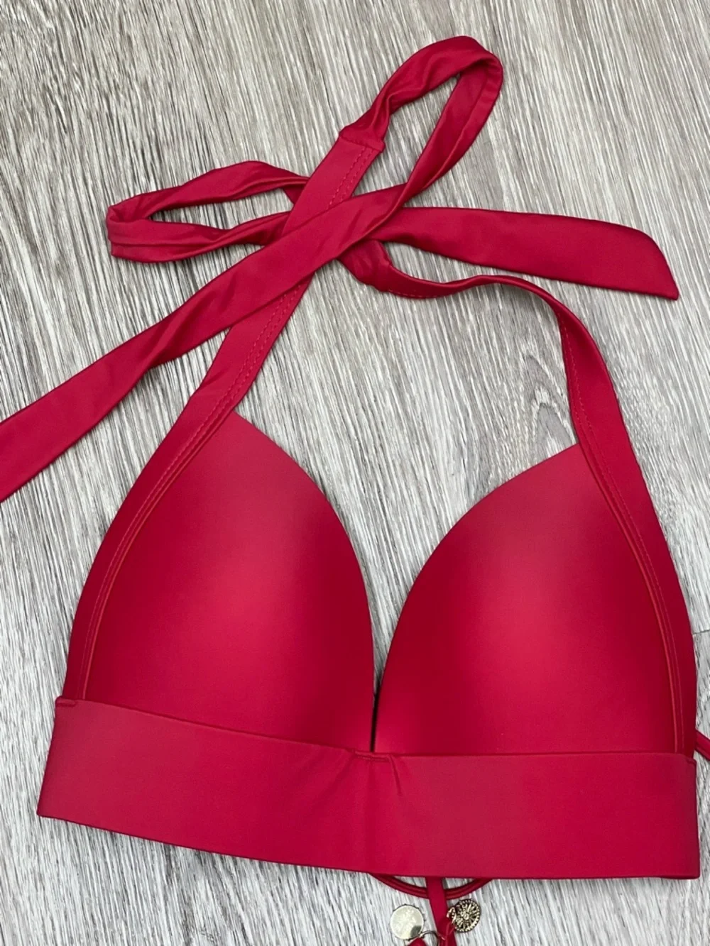 Red Halter Bikini Top With Cups Tie Back